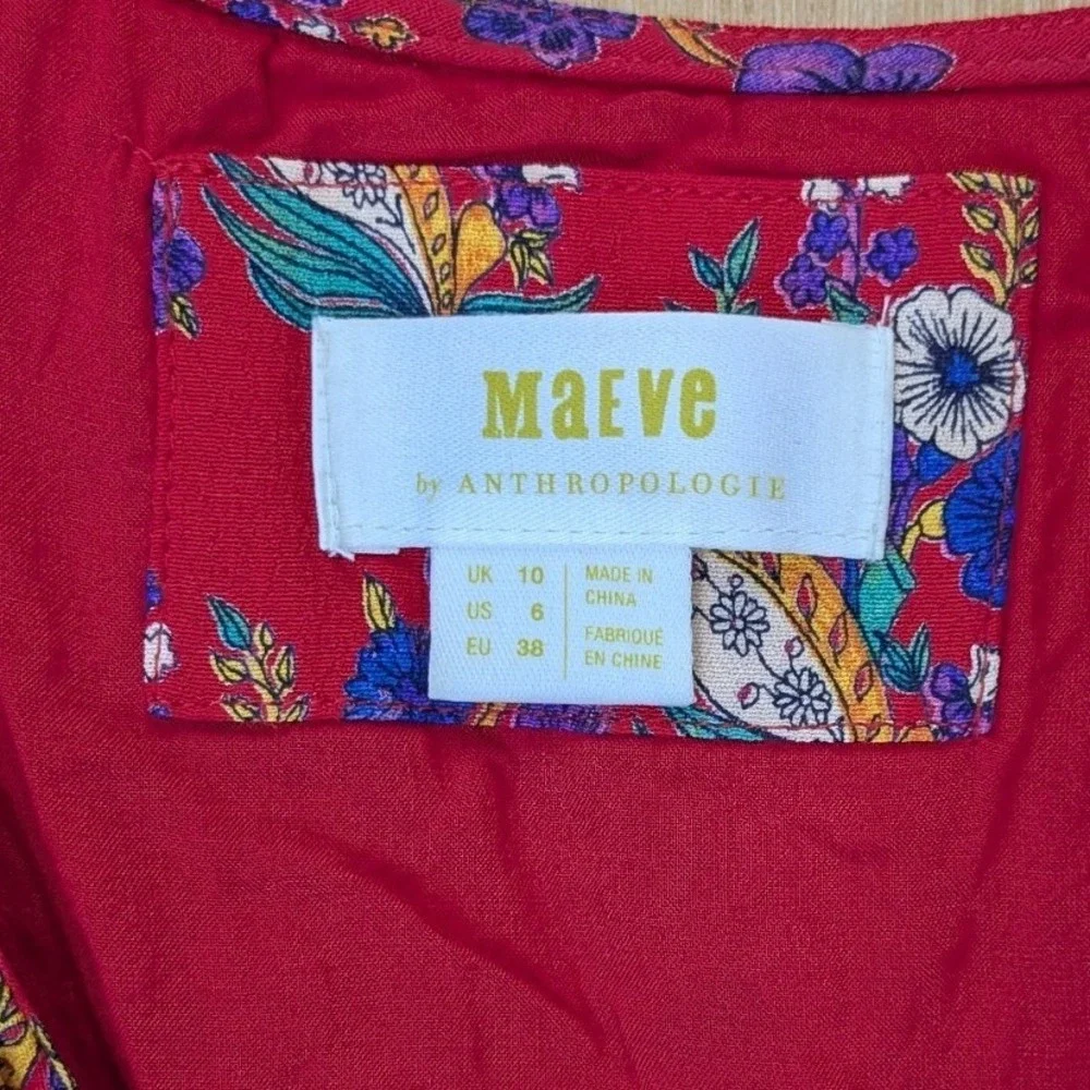Maeve Anthropologie Boho Indie Floral Paisley Ruffle Wrap Dress Size 6 Red